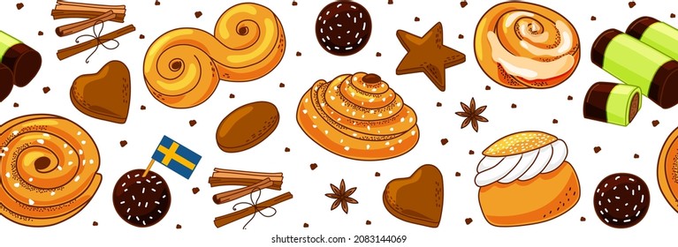 Traditional Swedish sweets seamless border. Kanelbulle bun, cinnamon roll, Pepparkakor, Semla, lussekatt, dammsugare, and chokladboll. Vector cartoon illustration.