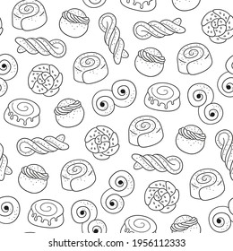 Traditional swedish sweets seamless pattern. Kanelbulle bun, cinnamon roll, Semla and lussekatt. Hand drawn isolated vector illustration on white background