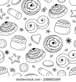 Traditional Swedish sweets seamless pattern. Suitable for printing on packaging, paper, for menu design. Coloring page. Vector contour background