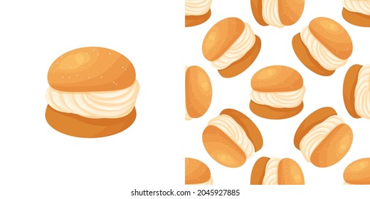 Traditional Swedish sweets. Semla Samlor, vastlakukkel, laskiaispulla is a traditional sweet bun from Scandinavia and the Baltic countries. It can be used for menu, sign, banner, poster, etc.