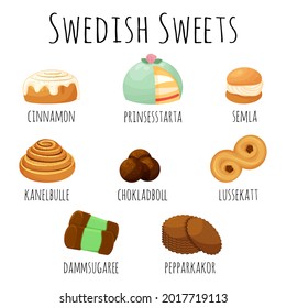 Traditional swedish sweets set. Kanelbulle roll, cinnamon bun, prinsesstarta, semla, chokladboll, lussekatt, dammsugare and pepparkakor ginger cookies. Vector illustration in the cartoon style.
