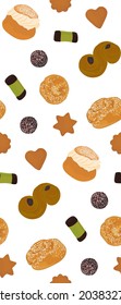 Traditional swedish sweets set on white background, seamless pattern. Vector illustration in cartoon style.