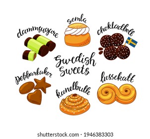 Traditional swedish sweets set. Vector illustration in the cartoon style.