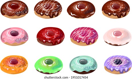 Traditional sweet pastry with glaze. Collection with different donates in chocolate and icing isolated on white background.  Illustration for restaurant and cafe menu and food projects.