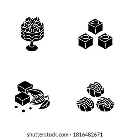 Traditional sweets black glyph icons set on white space. Profiteroles. Classic brownies. Turkish delight. Trifle with strawberries. English dessert. Silhouette symbols. Vector isolated illustration