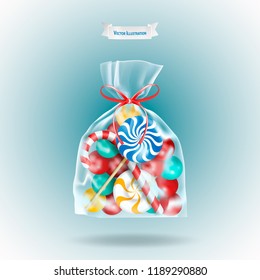 Traditional sweets candies lollipop and Candy Cane packed in a transparent sachet package with a red ribbon on blue background. Christmas or birthday gift. Realistic 3d vector illustration.