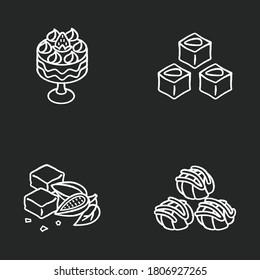 Traditional sweets chalk white icons set on black background. Profiteroles. Classic brownies. Turkish delight. Trifle with strawberries. English dessert. Isolated vector chalkboard illustrations