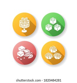 Traditional sweets flat design long shadow glyph icons set. Profiteroles. Classic brownies. Turkish delight. Trifle with strawberries. English dessert. Silhouette RGB color illustration