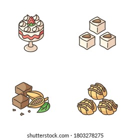 Traditional sweets RGB color icons set. Profiteroles. Classic brownies. Turkish delight. Trifle with strawberries. English dessert. Authentic sweet food. Isolated vector illustrations