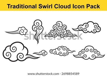 Traditional swirl cloud icon pack featuring 8 unique black-and-white designs inspired by East Asian art. Perfect for logos, patterns, tattoos, and decorative projects.