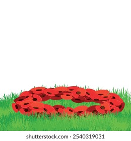 Símbolo tradicional del Día ANZAC el 25 de abril de 2025. Memoria y respeto por los soldados caídos. Ilustración vectorial para el Día de la Amapola en el Reino Unido. Una corona de amapolas de papel se encuentra en la hierba verde. Estilo plano.