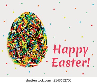 The traditional symbol of Easter, highlighted on a grey background.  Multicolored confectionery topping in the shape of an egg. Vector illustration. Happy Easter.