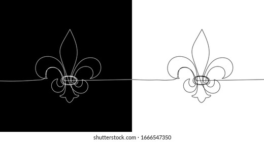 Traditionelles Symbol von Mardi gras - fleur de lis. Kontinuierliche Linie heraldische Lilie auf schwarz-weißem Hintergrund. Vektorillustration