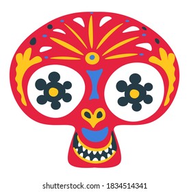 Traditional symbol of mexican halloween, skull with ornaments and decorative elements. Carnival or sign for day of the dead. Hispanic motif of painting, calavera for celebration, vector in flat style