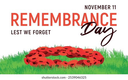 Símbolo tradicional do Dia da Lembrança em 11 de novembro. Ilustração vetorial para Poppy Day no Reino Unido. A coroa de papoulas de papel jaz na grama verde. Banner horizontal para o Dia ANZAC.