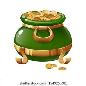 Traditional Symbolic Green Pot Filled With Gold Coins Depicting Four-leaf Clover, St. Patrick's Day. Irish Culture, Symbol Of Great Wealth, Excessive Luck And Good Luck. Vector Illustration Isolated.