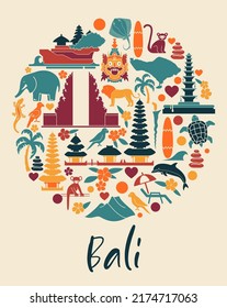 Traditional symbols of architecture, culture and nature of Bali Islands, Indonesia round shaped