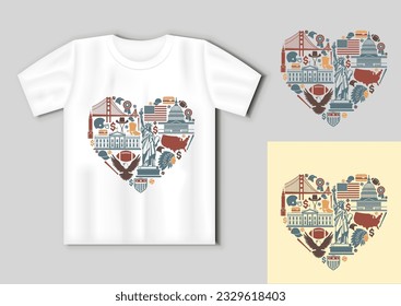 Traditional symbols of architecture and culture of the USA in the form of heart. Travel concept with t-shirt mockup