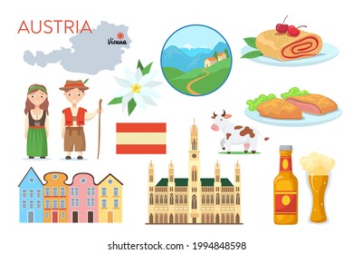 Traditional symbols of Austria cartoon vector illustration. Austrian national flag, map, traditional costumes, castle, buildings, cow, beer, Alps. Vienna, travel, architecture, culture concept