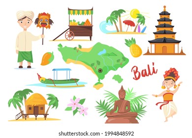 Traditional symbols of Bali for travelers. Cartoon vector illustration. Indonesian temple, island fruits, flowers, ethnic mask, Buddha statue, Balinese boat. Tradition, culture, travel, Ubud concept