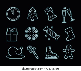 Traditional symbols of Christmas and new year. Neon icons