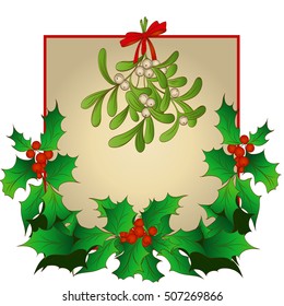 traditional symbols of Christmas, a sprig of mistletoe with a red bow, holly