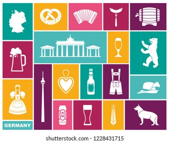 Traditional symbols of culture, architecture and cuisine of Germany. Flat icons