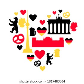 Traditional symbols of culture, architecture and cuisine of Germany in heart shape