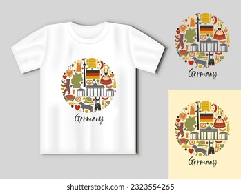 Símbolos tradicionales de la cultura, la arquitectura y la cocina de Alemania. Concepto de viaje con burla de camisetas. Ilustración vectorial