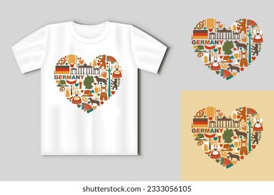 Los símbolos tradicionales de la cultura, la arquitectura y la cocina de Alemania en forma de corazón. Concepto de viaje con mofa de camisetas