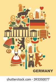 Traditional symbols of culture, architecture and cuisine of Germany in the form of a map. 