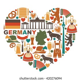 Traditional symbols of culture, architecture and cuisine of Germany in heart shape