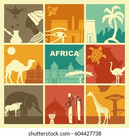 Traditional symbols of culture, architecture and nature of Africa.