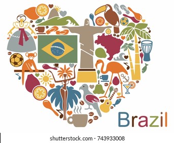 Traditional Symbols Of Culture And The Nature Of Brazil In The Form Of A Heart