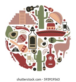Traditional symbols of culture, the nature and food of Mexico.
