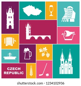 Traditional symbols of the Czech Republic. Flat icons