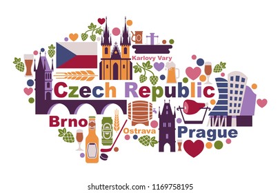 Traditional symbols of the Czech Republic in the form of a map