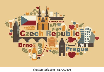 Traditional symbols of the Czech Republic in the form of a map