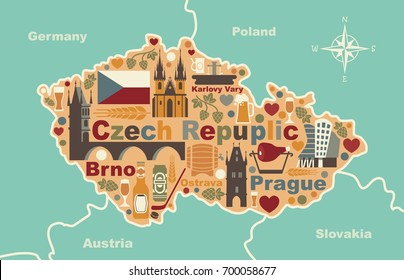 Traditional symbols of the Czech Republic in the form of a map