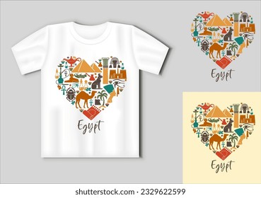 Traditional symbols of Egypt in the shape of a heart. Travel concept with t-shirt mockup. Vector Illustration