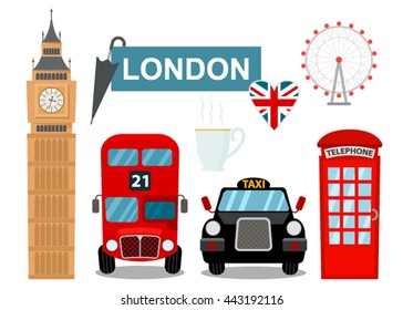 Traditional symbols of England. Set of funny cartoon style icons in isolation on a white background. Flat vector illustration