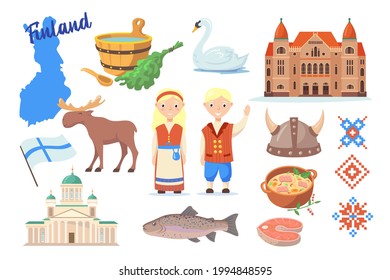 Traditional symbols of Finland cartoon vector illustration. Finnish map, flag, sauna, fish, elk, national theatre, traditional costumes, cuisine, ornaments. Helsinki, travel, country, culture concept