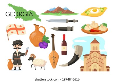 Traditional symbols of Georgia cartoon vector illustration. Tbilisi, mountains, daggers, wine, pottery jar, sheep, map, garlic, cheese-pie. Travel, traditional cuisine, culture concept for design