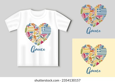 Traditional symbols of Greece in the form of heart. Travel concept with t-shirt mockup