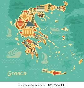 Traditional symbols of Greece in the form of map