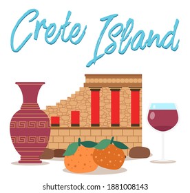 Traditional symbols of Greece isolated on a white background. Ancient buildings, pottery and food. Tangerines, oranges and a glass of red wine. Greek vase made of clay. Medieval dilapidated castle