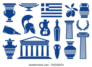Traditional symbols of Greece. Monochrome icons. Vector illustration