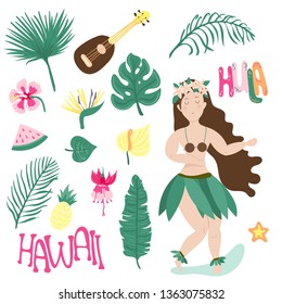 Traditional symbols of Hawaiian culture set, girl dancing hula ,hibiscus, ukulele, exotic flowers vector Illustrations on a white background. Design poster collection modern trendy