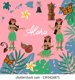 Traditional symbols of Hawaiian culture set, hibiscus flower, girls dancing hula and playing ukuleles, islands, volan, butterflies, plumeria, idol, mascot, frame of leaves vector image.