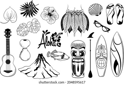 Traditional symbols of Hawaiian culture set. Tropical summer elements set. Hawaiian beach party. Vector illustration.